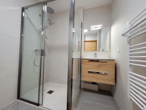 une salle de bain avec douche et lavabo dans l'établissement Appartement calme 4 pers, parking, plein confort, proche pistes - FR-1-598-143, aux Gets