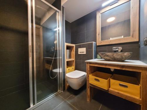 W łazience znajduje się toaleta, umywalka i prysznic. w obiekcie Appartement Les Gets, 2 pièces, 4 personnes - FR-1-598-142 w mieście Les Gets