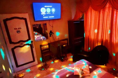 a bedroom with a tv and a bed with christmas lights at HOSPEDAJE EL CANTARO in Tingo María
