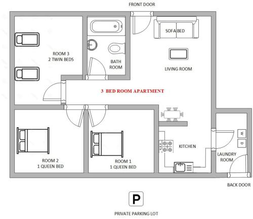 The floor plan of 1 or 3 Bedroom Apartment with Full Kitchen