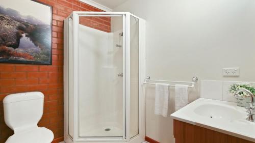 a bathroom with a shower and a toilet and a sink at Lindsay Lachen in Mount Hotham