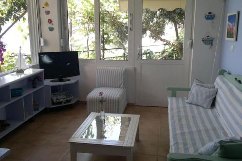 a living room with a couch and a coffee table at LEMONELIA, one big,4-5 people and one small apartment ,2-3 people in Loutsa