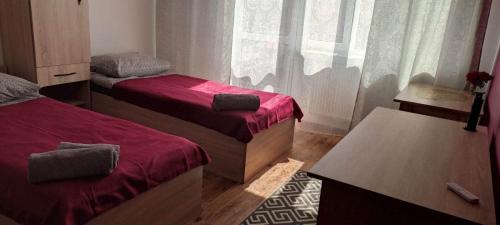 a small room with two beds and a window at HOSTEL Róża in Suwałki