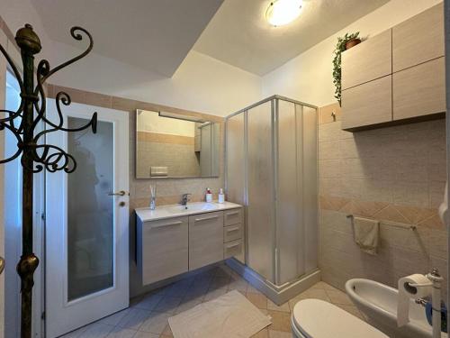 La salle de bains est pourvue d'un lavabo, de toilettes et d'un miroir. dans l'établissement CASA DANILA, à Quercianella