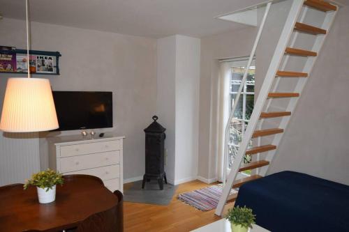 een woonkamer met een televisie en een ladder bij Hus-lejlighed i ejendommens baghus in Odense
