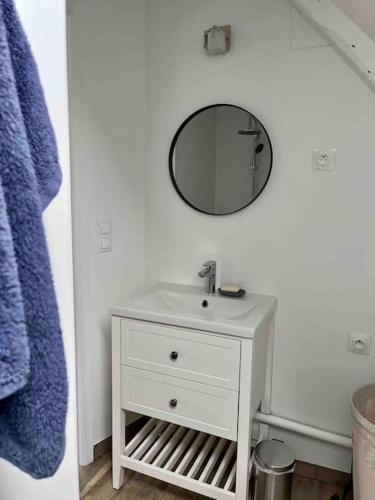 une salle de bain avec un lavabo blanc et un miroir dans l'établissement La Petite Baleine, appt à 50m de la plage, à Luc-sur-Mer