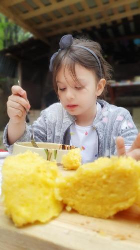 a little girl sitting at a table with a plate of food at Cabana „Stâna din Deal” in Proviţa de Sus