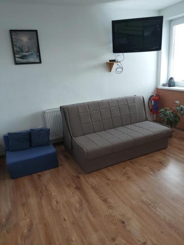 a living room with a couch and a tv at BeKiVi apartmány in Dunajská Streda