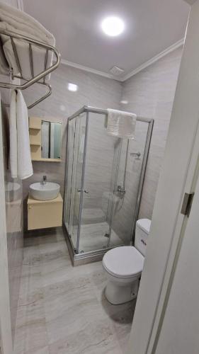 a bathroom with a shower and a toilet and a sink at Salami Residence in Batumi