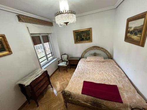 a bedroom with a large bed and a chandelier at Piso amplio y acogedor in Madrid