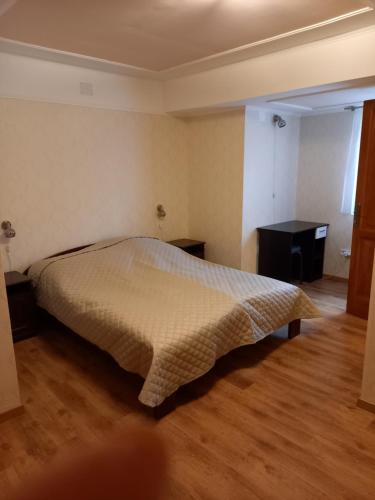 1 dormitorio con 1 cama y suelo de madera en Karpatia Vendeghaz 1201 Budapest, en Budapest