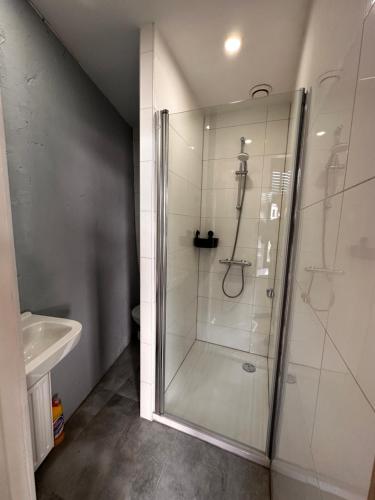La salle de bains est pourvue d'une douche et d'un lavabo. dans l'établissement Borrel & Bed Onder zeil, à Zwolle