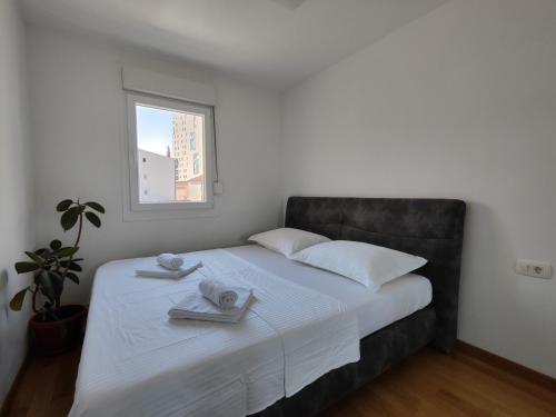 sypialnia z łóżkiem z ręcznikami i oknem w obiekcie Lucy Apartment Split w Splicie