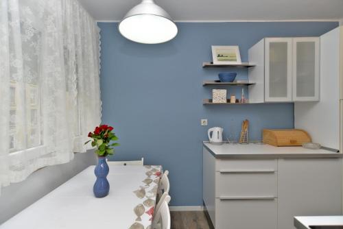 eine blaue Küche mit einer Blumenvase auf dem Tisch in der Unterkunft Apartment Marija 2238 in Pula