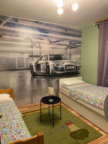 Sinan's Bio Tourismus Farm Appartement : غرفة نوم مع سيارة في كراج