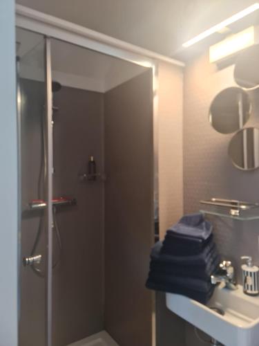 een badkamer met een douche en een wastafel met blauwe handdoeken bij Little Get-A-Way Hellevoetsluis in Hellevoetsluis