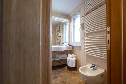 a bathroom with a sink and a toilet and a mirror at Hotel Cristina in Pinzolo