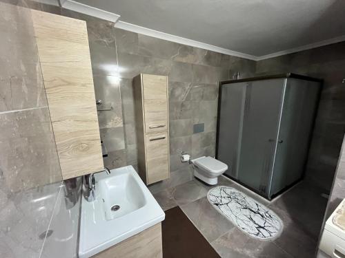 Uğurlu的住宿－TRABZON ORTAHİSAR PELİTLİ'DE 1+1 EŞYALI DAİRE，一间带水槽、卫生间和淋浴的浴室