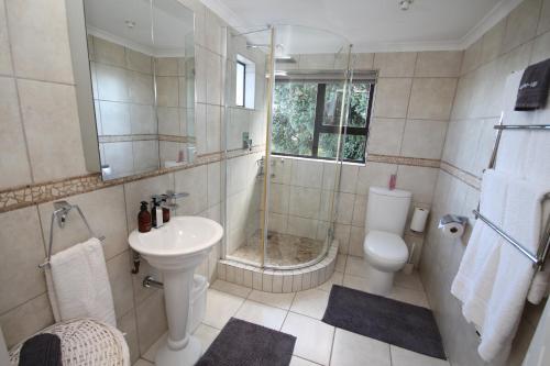 a bathroom with a shower and a toilet and a sink at Deo-Lize in Bettyʼs Bay