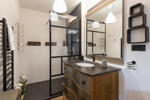 a bathroom with a sink and a mirror at Le Globe-Trotter - Proche du metro gare de Vaise in Lyon