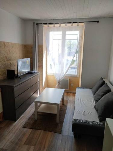 un salon avec un canapé et une table basse dans l'établissement Studio meublé - Arpajon Eglise, à Arpajon