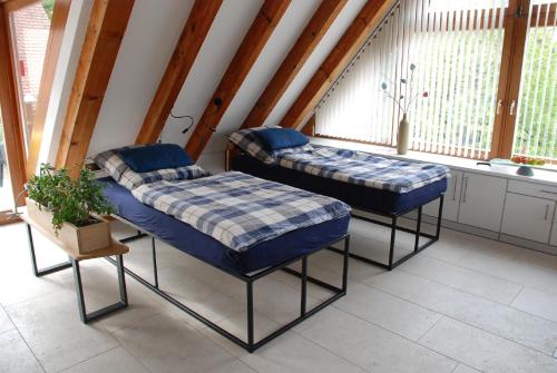 two beds in a room with a window at Monte Maurizio in Röthenbach an der Pegnitz