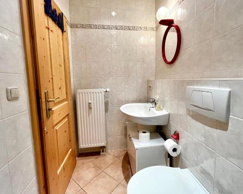 ein Badezimmer mit einem weißen WC und einem Waschbecken in der Unterkunft Ferienwohnung Spitzingsattel im Wanderparadies in Spitzingsee
