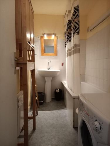 une salle de bain avec un lavabo et une machine à laver dans l'établissement Appartement vue mer et piscine à Guidel - 42m² - Tennis, à Guidel