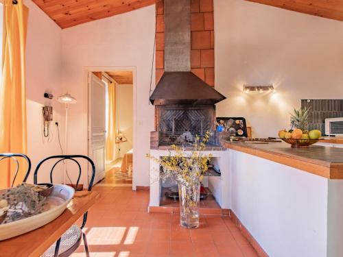 a kitchen with a fireplace and a table with a vase at Holiday Home La Chênaie - ORN309 by Interhome in Oraison