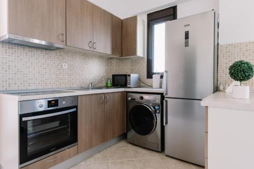  La cuisine est équipée d'un réfrigérateur et d'un lave-vaisselle. dans l'établissement Zandre shiny apartment, à Potidée