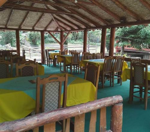 an outdoor restaurant with tables and chairs with yellow table cloth at ŽUBOR VRELA in Despotovac