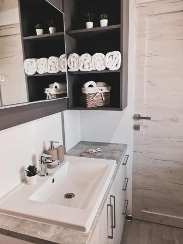 a bathroom with a sink and a mirror at Mobile home Tinkara Drage in Drage