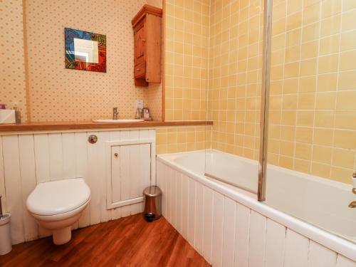 a bathroom with a toilet and a tub and a sink at Harness Lodge in Seahouses