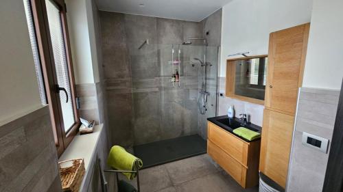 een badkamer met een douche en een wastafel bij Casa dell’ Orso in Abbateggio