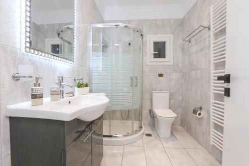 a bathroom with a sink and a shower and a toilet at Dellis House in Vouniatádes