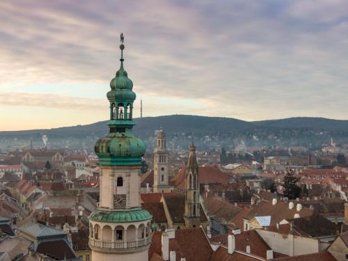 a tall building with a green and white tower at LakeLove Házikó Sopron- Erdő és tópart mellett in Sopron