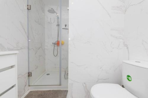 セジンブラにあるCasa das Andorinhas - T2 renovado com terraçoのシャワーとトイレ付きの白いバスルーム