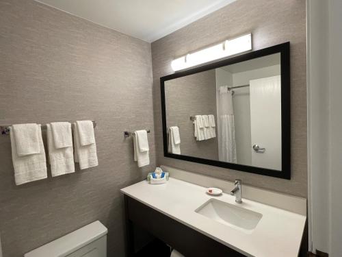 a bathroom with a sink and a mirror at The Inn on Maritime Bay, an Ascend Collection Hotel in Manitowoc