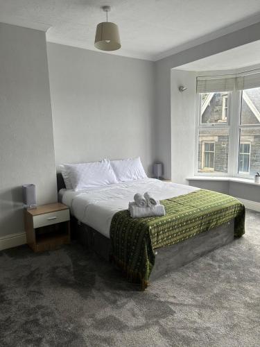 1 dormitorio con 1 cama con manta verde y ventana en Bronallt en Barmouth