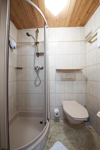 a small bathroom with a shower and a toilet at Stammhaus im Hotel Alpine Palace in Saalbach Hinterglemm