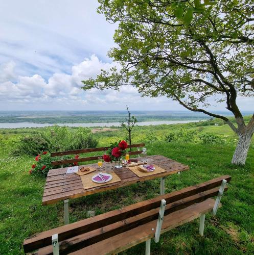 a wooden picnic table with flowers on top of a field at Casa Horizont in Slankamenački Vinogradi