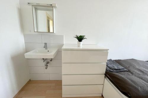 La salle de bains est pourvue d'un lavabo et d'un miroir. dans l'établissement Apartment with balcony in Edingen-Neckarhausen, à Edingen-Neckarhausen