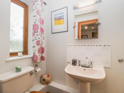a bathroom with a sink and a toilet and a mirror at Little Stables Cottage in Blandford Forum