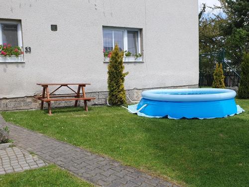 einen Picknicktisch und eine blaue Badewanne im Gras in der Unterkunft Apartmán v Sedlici in Sedlice