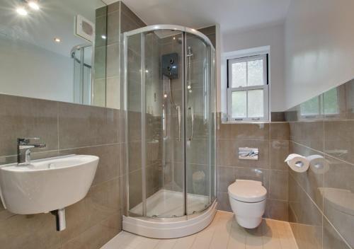 a bathroom with a shower and a sink and a toilet at Number Six The Creekside in Looe