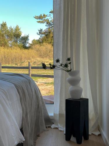a bedroom with a window with a bed and a vase at Ragnar Glamp Pitrags Lux PREMIUM in Pitragutsiyeme
