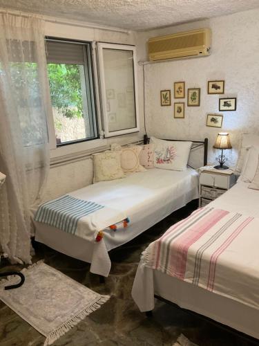 sypialnia z dwoma łóżkami i oknem w obiekcie House with Big Garden w mieście Korynt