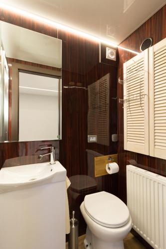 a bathroom with a white toilet and a sink at Festliegende Wohnboote Marina Niederhavel in Brandenburg an der Havel