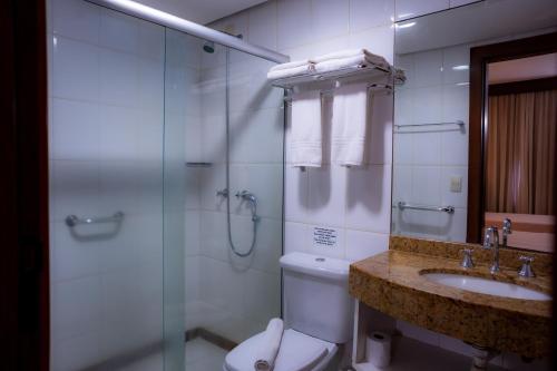 a bathroom with a shower and a toilet and a sink at Hotel Santos Dumont in Goiânia