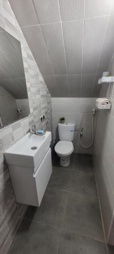 a white bathroom with a toilet and a sink at Magnifique villa face à l'océan in Tiznit